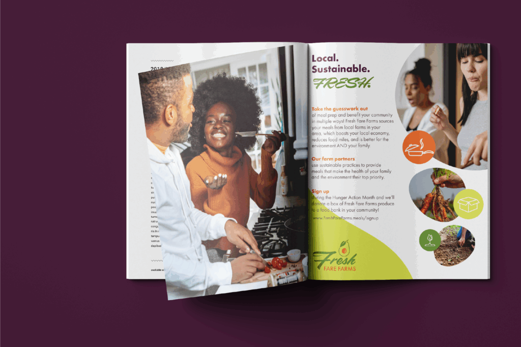 Magazine with fresh fare farms ad and image of women and man in kitchen
