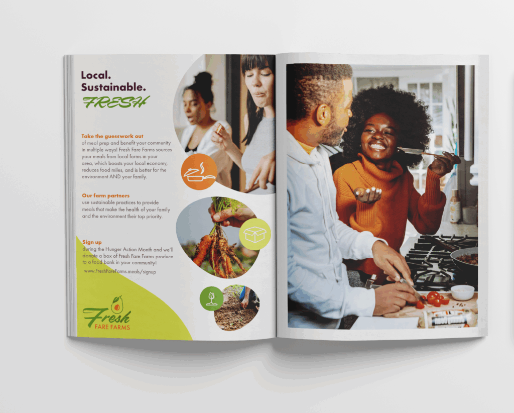 magazine mockup with fresh fare farms ad and image of women and a man in a kitchen
